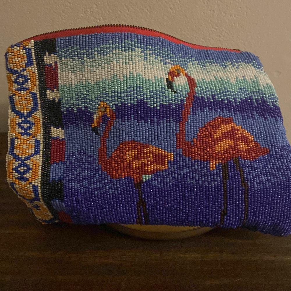 Anthropologie beaded flamingo clutch.